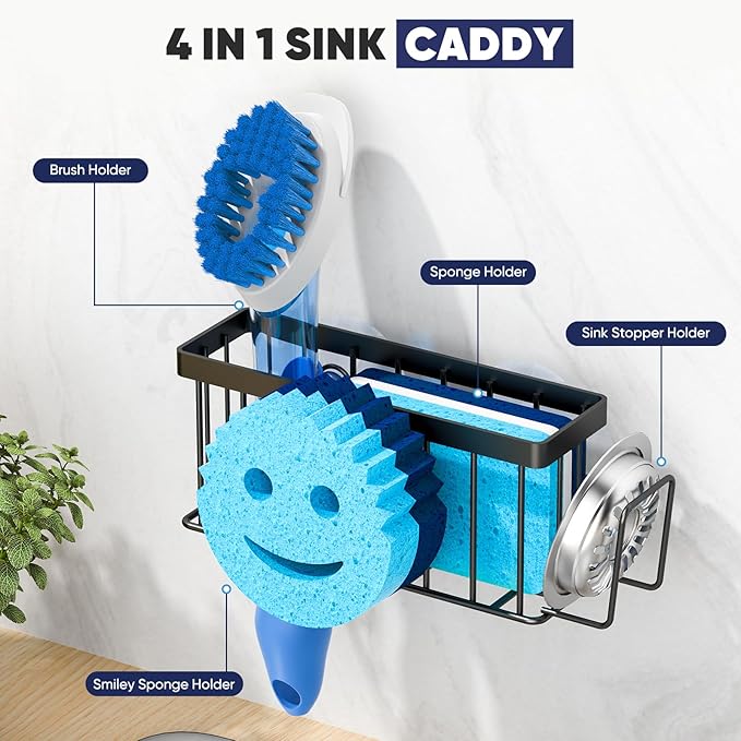 MURLONG Sponge Holder for Kitchen Sink,Sink Caddy Smiley Face,4-in-1 Sponge Holder with Suction Cups & 1 PCS Adhesive Strips for Holding Soap,Brush,Scrubber,Sponge,Stopper-Black - Image 5