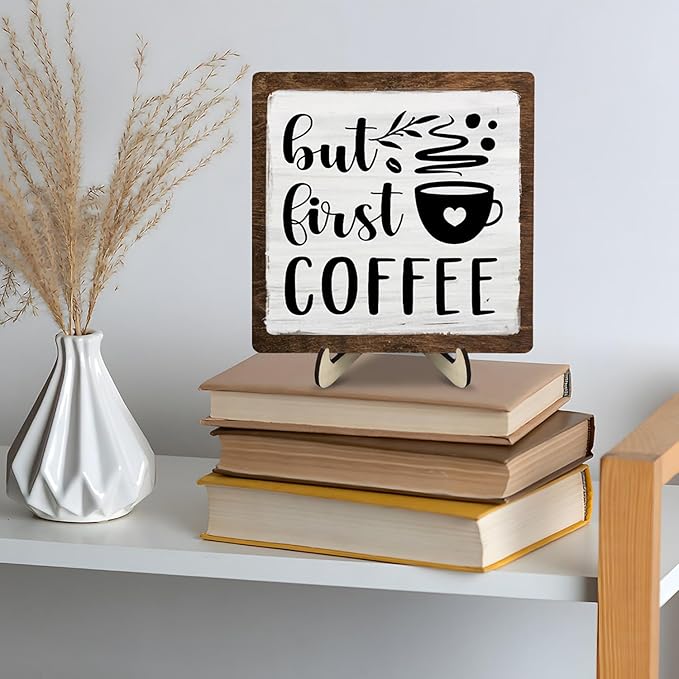 Vintage Coffee Bar Wooden Plaque Desk Sign, Farmhouse Wood Plaque Tabletop Decor for Cafe Bar Kitchen Office,Coffee Station Accessories 5.9x5.9Inch (White&Brown4, 5.9x5.9inches) - Image 4
