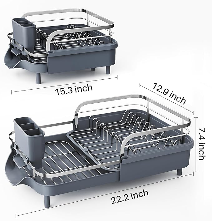 SAYZH Dish Drying Rack - Expandable Dish Rack for Kitchen Counter, Rust-Resistant Dish Drainer with Utensil Holder and Raised Guardrail, Kitchen Organizer for Cup and Bottle (Grey) - Image 4