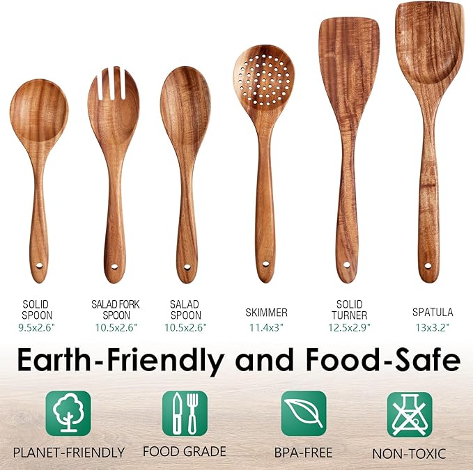 HOWHONG Wooden Spoons for Cooking, Teak Wood Kitchen Utensil Set, Premium Handmade Wooden Utensils for Nonstick Cookware, Heat Resistant, Smooth Finish, Comfortable Grip, 6 Piece - Image 2