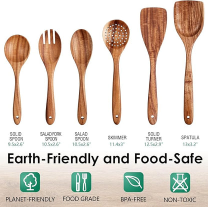 HOWHONG Wooden Spoons for Cooking, Teak Wood Kitchen Utensil Set, Premium Handmade Wooden Utensils for Nonstick Cookware, Heat Resistant, Smooth Finish, Comfortable Grip, 6 Piece - Image 2