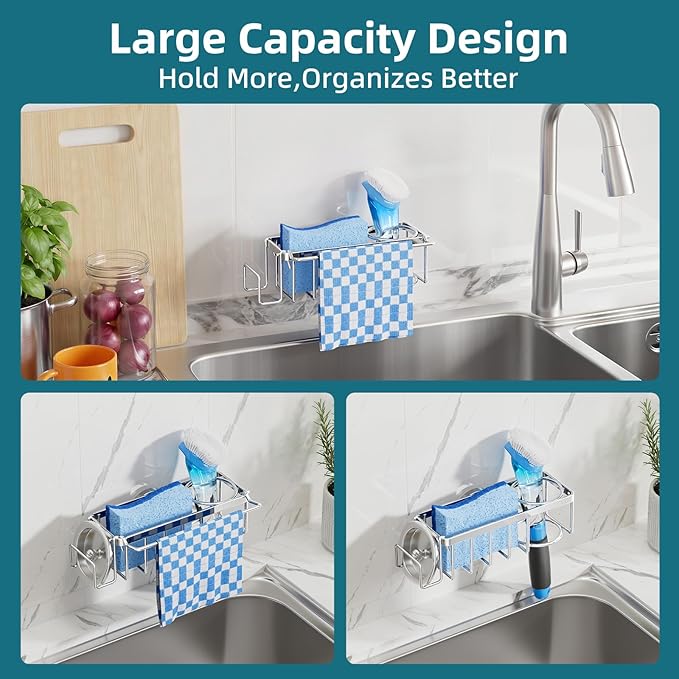 TAILI 4-in-1 Sink Caddy with Strong Suction Cup, Sponge Holder for Kitchen Sink Organizer, Removable, Rustproof, Stainless Steel Holder for Sponge, Brush, Scrubber, Scraper - Silver - Image 6