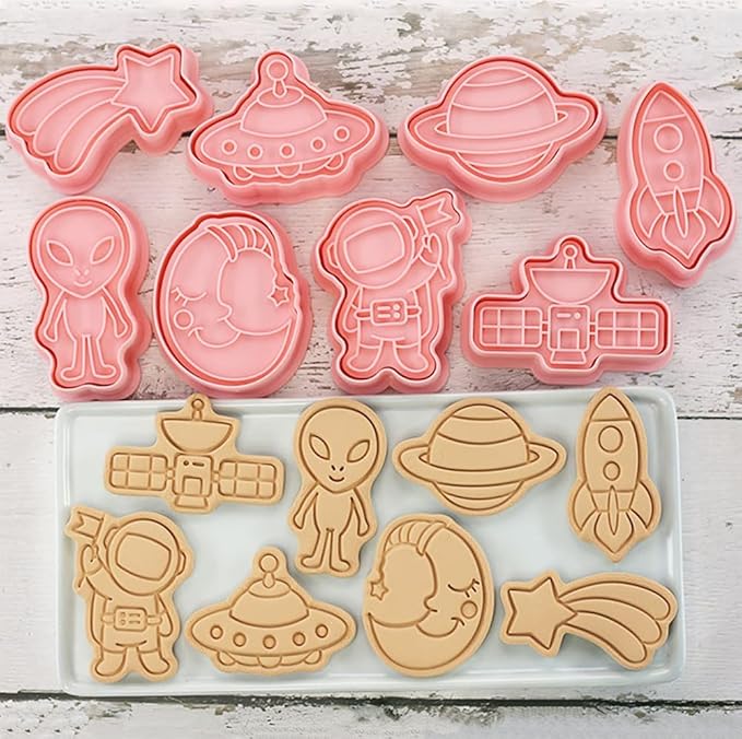 Outer-Space Cookie Cutters Set, 8-PCS 3D Astronaut, Alien, UFO, Satellite, Rocket, Moon, Meteor, Planet Cookie Cutters for Party Baking