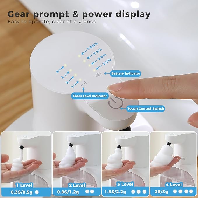 Automatic Foaming Soap Dispenser, 17oz/500ml Touchless Rechargeable with 4-Level Adjustable & IPX5 Waterproof - Level Display for Wall/Tabletop Use in Bathroom, Kitchen, White - Image 4