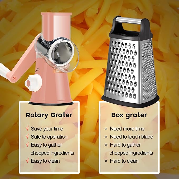 Ourokhome Rotary Cheese Grater Hand Crank, Kitchen Shredder Speed Mandolin Slicer Nuts Grinder with Handle and Drum Blades for Cheese, Vegetable, Walnuts, Chocolate, Potato, Carrot, 3 Blades, Pink - Image 8
