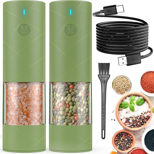2Pack Electric Salt and Pepper Grinder Set USB Rechargeable with Warm LED Light, Adjustable Coarseness Lidaop Large Capacity Automatic Salt Pepper Mill Grinder for Kitchen, Restaurant, Outdoor, Green by Lidaop