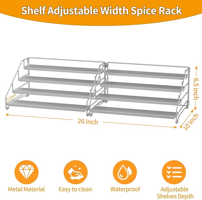 BOIVSHI 4 Tier Spice Rack Organizer for Cabinet, Spice Rack Organizer, Depth Adjustable Spice Organizer for Cabinet, Countertop, Cupboard, Pantry, Seasoning Shelf, Metal, Gray (2 Pack) - Image 4