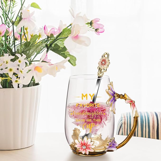 OEAGO Grandma Gifts from Granddaughter Tea Cup Birthday Grandparent Gifts Mothers Day Enamel Flower Glass Mugs from Grandkids Grandchildren - Image 5