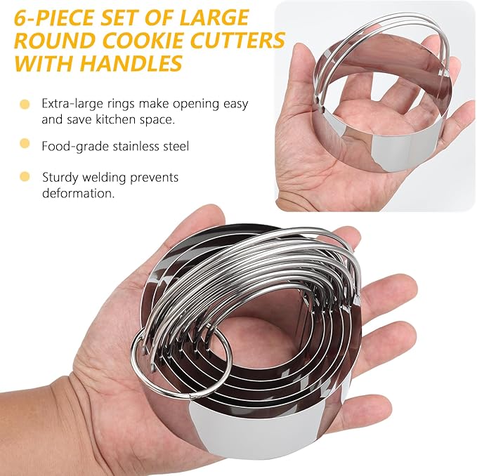 6 Pcs Large Cookie Cutters (2, 2.3, 2.8, 3.14, 3.54, 3.9 Inch), Round Biscuit Cutter Set with Handle and Big Ring, Professional Baking Dough Cutter Tools for Cakes, Sandwiches, Donuts, Dumplings - Image 2