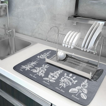 Flower Herbs Dish Drying Mat Wild Plant Dish Rack Mat with Hanging Loop Fast Dry Dish Drainer Pad for Kitchen Counter Sink 18x24 Inch