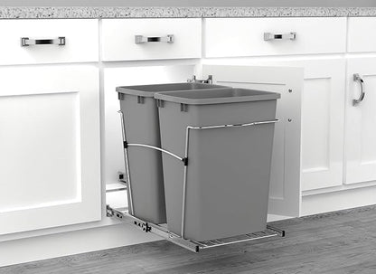 Rev-A-Shelf Double Pullout Trash Can for Kitchen Cabinets 35 Qt Garbage Recycling Bin on Full-Extension Slides, Silver, RV-18KD-17C S