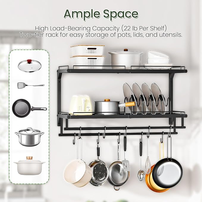 CHOEZON Pot Rack, Wall Mounted Pan Holder, 2-Tier Pot and Pan Organizer, Pot Hanger with 10 S-Shaped Hooks, Cookware Organizer with 5 Removable Metal Wire Dividers, Black TPR35BB - Image 6