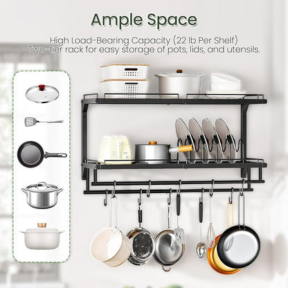 CHOEZON Pot Rack, Wall Mounted Pan Holder, 2-Tier Pot and Pan Organizer, Pot Hanger with 10 S-Shaped Hooks, Cookware Organizer with 5 Removable Metal Wire Dividers, Black TPR35BB - Image 6