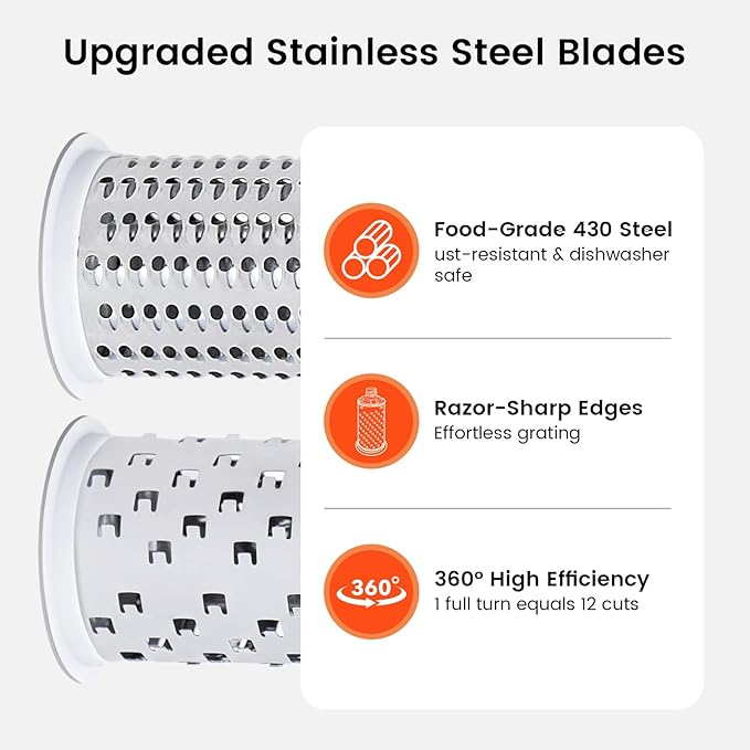 Rotary Cheese Grater Hand Crank - Heavy Duty Manual Shredder with 2 Stainless Steel Drums (Fine & Coarse), Non-Slip Handle, Dishwasher Safe for Parmesan, Chocolate, Nuts & Veggies