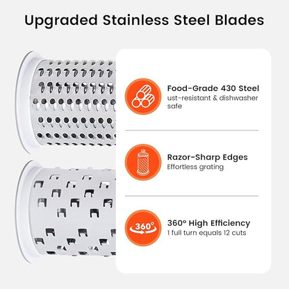 Rotary Cheese Grater Hand Crank - Heavy Duty Manual Shredder with 2 Stainless Steel Drums (Fine & Coarse), Non-Slip Handle, Dishwasher Safe for Parmesan, Chocolate, Nuts & Veggies