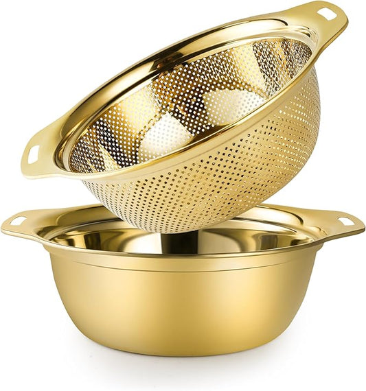Colander 304 Stainless Steel 4-quart with Mixing Bowls, Strainer for Kitchen Food For washing vegetables, fruit, rice, Dishwasher Safe. (Gold 2PC) by Gulex
