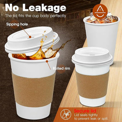 Ginkgo 100 Pack 12 oz Leak-Proof Coffee Cups with Lids and Sleeves Disposable To Go Hot Travel Paper Cups, Hot Chocolate, Cocoa, Tea, Coffee Bar Accessories - Image 2