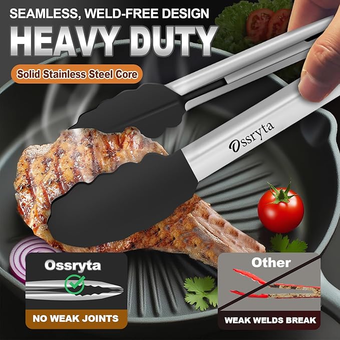Kitchen Tongs with Silicone Tips - Heat Resistant 600°F Stainless Steel Cooking Tong Set, Non-Stick 7" 9" 12" Locking Silicone Tongs for Cooking, Grilling, Serving & Baking (3-Piece, Black) - Image 2