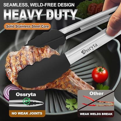 Kitchen Tongs with Silicone Tips - Heat Resistant 600°F Stainless Steel Cooking Tong Set, Non-Stick 7" 9" 12" Locking Silicone Tongs for Cooking, Grilling, Serving & Baking (3-Piece, Black) - Image 2
