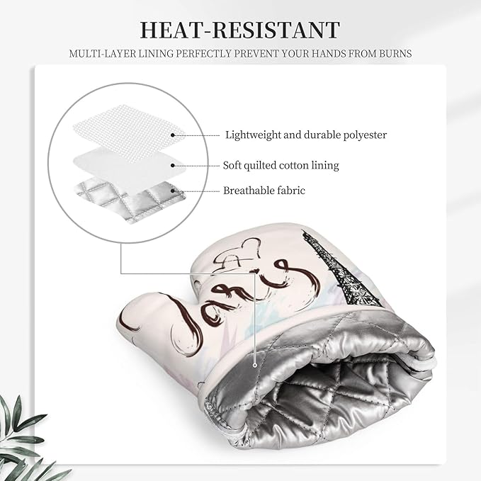 Pretty Romantic Paris Eiffel Tower Oven Mitts and Pot Holders Sets of 4, Heat Resistant Silicone Oven Mittens and Potholders Gloves Hot Pads for Kitchen Cooking Baking Grilling BBQ Chef - Image 3
