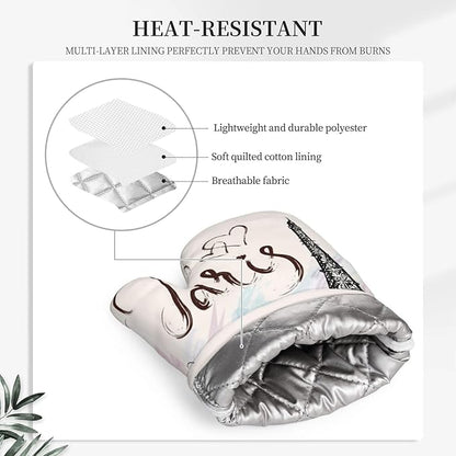 Pretty Romantic Paris Eiffel Tower Oven Mitts and Pot Holders Sets of 4, Heat Resistant Silicone Oven Mittens and Potholders Gloves Hot Pads for Kitchen Cooking Baking Grilling BBQ Chef - Image 3