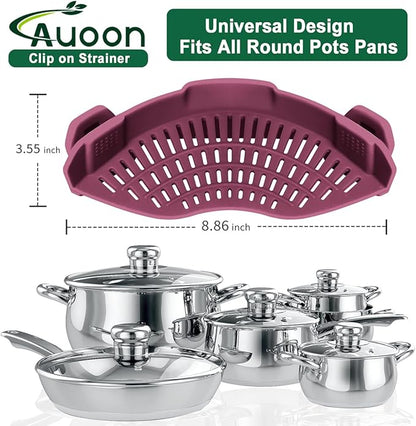 AUOON Silicone Clip on Strainer - Adjustable Strainers and Colanders for All Pots Pans and Bowls | Practical Kitchen Gadgets for Cooking and Draining (Cherry) - Image 2