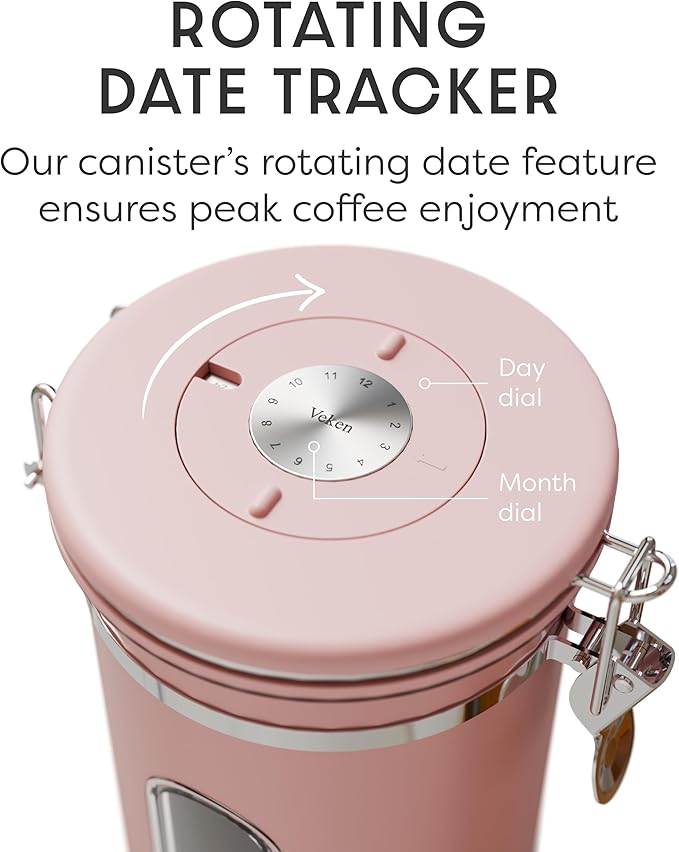 Veken Coffee Canister with Window, Airtight Stainless Steel Kitchen Food Storage Container with Lids, Date Tracker and Scoop for Grounds Coffee, Beans, Tea, Flour, Cereal, Sugar Jars, 22OZ, Pink - Image 6