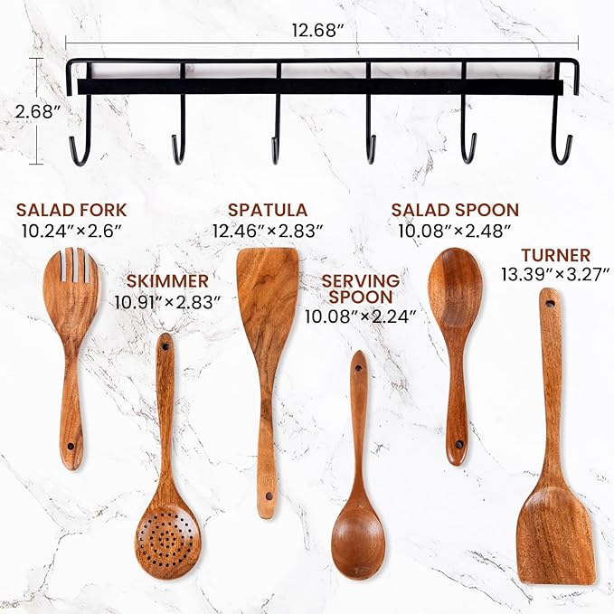 6x Large Wooden Spoons for Cooking Kitchen Utensil Set Smooth Finish Wooden Cooking Utensils Spoons Filter Spoon and Salad Fork Accessories+1x Kitchen Hooks for Hanging Utensils Rack