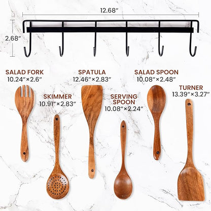 6x Large Wooden Spoons for Cooking Kitchen Utensil Set Smooth Finish Wooden Cooking Utensils Spoons Filter Spoon and Salad Fork Accessories+1x Kitchen Hooks for Hanging Utensils Rack