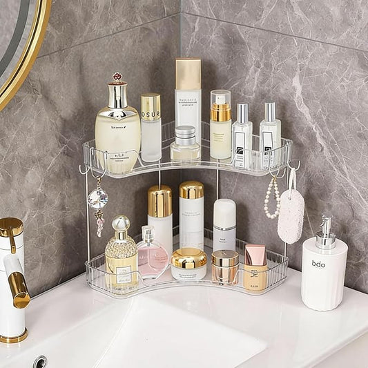 2-Tier Corner Bathroom Organizer Countertop with Hooks, Bathroom Sink Corner Vanity Storage for Makeup, Skincare and Perfume (White Silver)
