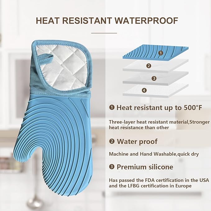 Silicone Oven Mitts-13.6 in Extended Oven Mitts Heat Resistant 500F, Oven Gloves with Soft Liner Good Grippy BPA-Free Easy to Clean Flexible-Oven Mits Set for Cooking Baking Grilling BBQ - Image 3