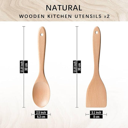 2pcs Wooden Spatula Spoon for Cooking, Thicker 12inch Coated Beech Wood Turners for Frying, Non-Scratch Flat Spurtle for Pan & Wok, Cooking Utensils for Non Stick Cookware, Long Handle Scraper - Image 2