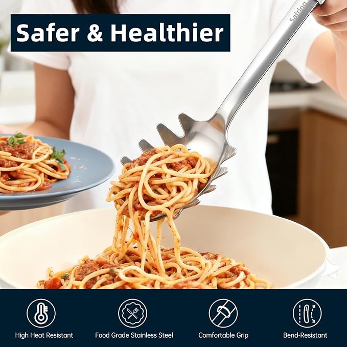 Safring Stainless Steel Soup Ladle and Spaghetti Spoon Set, Heat Resistant Rubber Handle, Dishwasher Safe, Kitchen Utensils for Cooking, Stirring, Serving Pasta, Soup & Sauce - Image 4