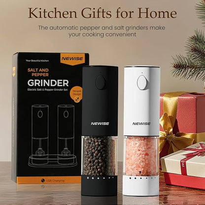 Electric Salt and Pepper Grinder Set, Adjustable Coarseness & LED Light, Rechargeable Large Capacity Stainless Steel Mill, Kitchen Appliances for Women Mom- Black/White