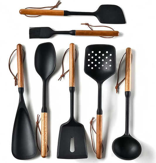Exquisite Silicone Cooking Utensils Set - Non-Toxic, Heat-Resistant Kitchen Utensils Set with Food-Grade Silicone & Wood Handles - Includes Spatula & Spoon for Non-Stick Cookware, Black by Unknown