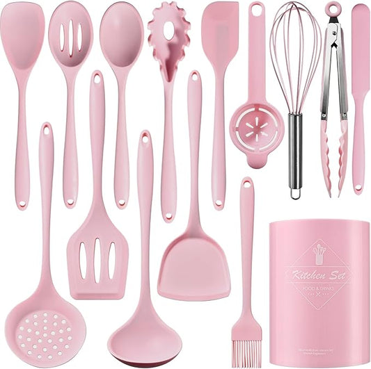 Silicone Kitchen Utensils Set - 15 Pieces Non Toxic Silicone Utensils Set For Cooking，428°F Heat Resistant Food Grade Kitchen Tools，Dishwasher Safe (Pink, 15 Piece Set)