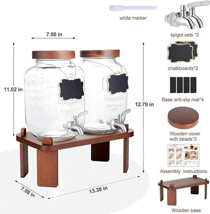 2PCS Large Drink Dispensers for Parties,Glass Beverage Dispenser with Wood Stand,Lemonade Drink Dispenser with Stainless Steel Spigot for Fridge,Water, Juice,Punch,Cocktails,Ice Tea & Sun Tea - Image 2