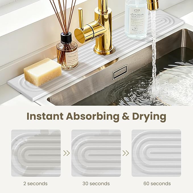 Premium Diatomite Stone Drying Mat for Kitchen Counter - Faucet Mat for Kitchen Sink, Sink Protector & Splash Guard, Quick-Dry Kitchen Sink Mat,Super Absorbent (White, 23.6" x 4") - Image 5