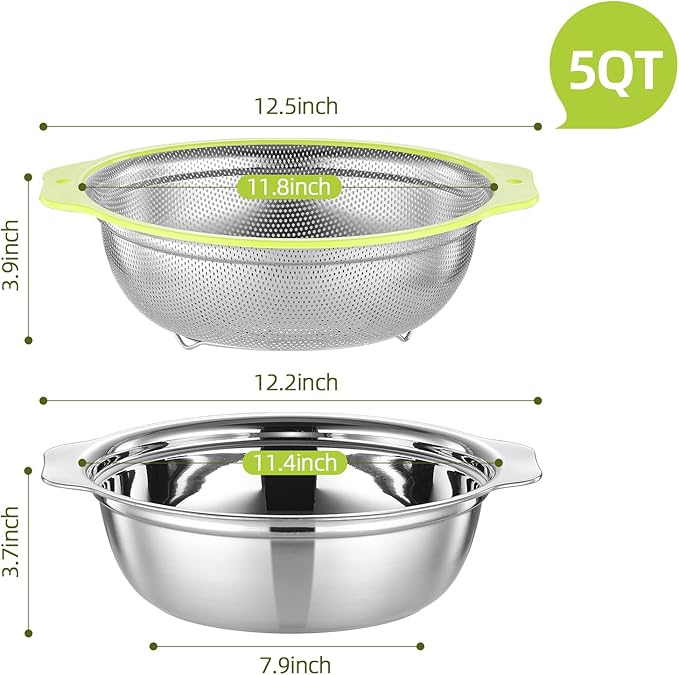 Colander Stainless Steel Microporous, 5QT Large Capacity Rice Washer with Mixing Bowl, 12.5’’Rice Strainer Bowl Set with Handle, Food-Grade Strainers and Colanders for Washing Rice, Pasta - Image 3
