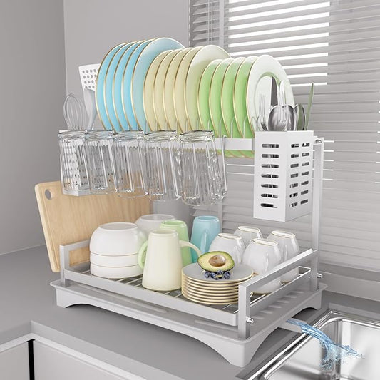 B-Land Dish Drying Rack: 2 Tier Dish Racks for Kitchen Counter - Large Rust Proof Dish Drying Rack with Aluminum - Detachable Dish Drainer Organizer with Utensil Holders Drainboard Silver by B-Land