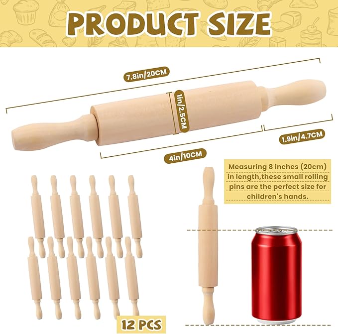 BILLIOTEAM 12 Pack 8 Inch Mini Wood Rolling Pin,Small Wooden Rollers for Art and Crafting,Baking,Cookie Dough,Cooking,Clay,Play Doh - Image 2
