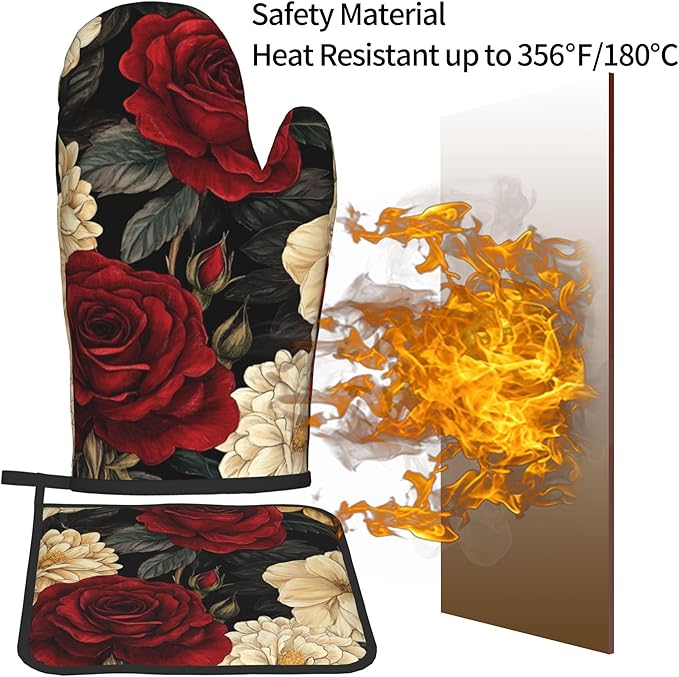 Boho Oven Mitts and Pot Holders Sets Vintage Peony Flowers Kitchen Mitts Potholders 2PCS Floral Oven Gloves Hot Pads for Kitchen Baking Cooking - Image 5