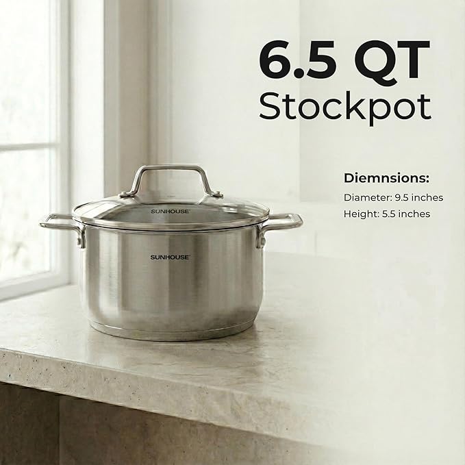 SUNHOUSE 18/8 Stainless Steel Stock Pot - 6.5 Quart Heavy-Duty Induction Cooking Pot with Visible Lid for Pasta, Soup, Spaghetti - Nonstick Thick-Bottom Deep Stockpot - Image 2
