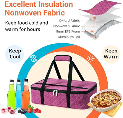 Insulated Casserole Carrier Portable Food Tote for Hot or Cold – Fits 9"x13" Baking Dish, Lasagna Holder for Parties, Picnic, Travel, Beach - Rose Red