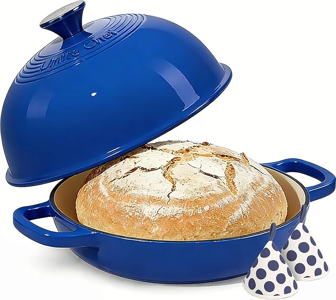 Enamelled Cast Iron Dutch Oven Pot – Dutch Oven Pot with Lid For Sourdough Bread Baking – Cast Iron Bread Oven – Dark Blue, Umite Chef 6QT Pot with Lid & Cotton Potholders by UmiteChef