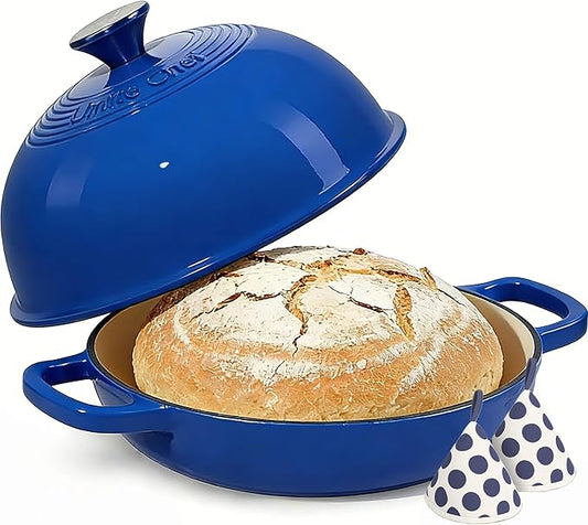 Enamelled Cast Iron Dutch Oven Pot – Dutch Oven Pot with Lid For Sourdough Bread Baking – Cast Iron Bread Oven – Dark Blue, Umite Chef 6QT Pot with Lid & Cotton Potholders by UmiteChef