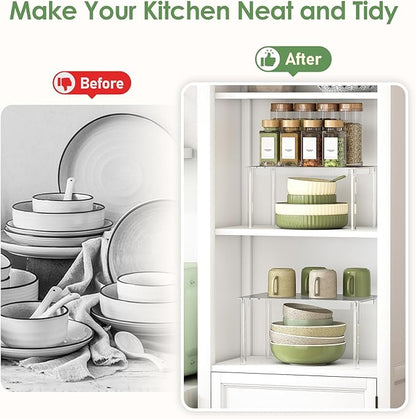 Delamu Clear Kitchen Cabinet Organizer, Set of 2 Acrylic Shelf Organizer for Cupboard Organizers and Storage, Stackable Cabinet Shelf for Plate, Dish, Bowl, Cup & Mug, 11.7" W x 7.7" D x 6.3" H