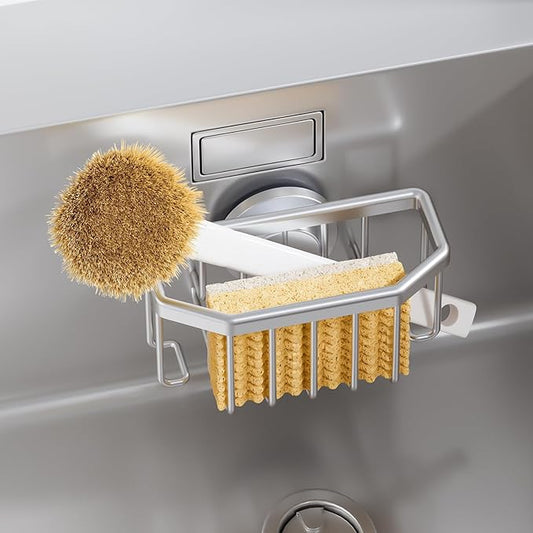 TAILI Sponge Holder for Kitchen Sink with Strong Suction Cup Removable, Rustproof Aluminum Sink Caddy for Sponge, Brush, Scrubber, Scraper -Silver by TAILI