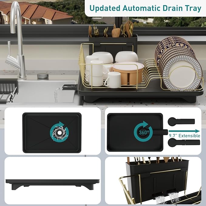 Buruis Dish Drying Rack for Kitchen Countertop, Large Capacity Gold Stainless Steel Dish Drainer with Anti-Slip Rubber Feet, Removable Drain Board and Utensil Holder (Black Tray) - Image 2