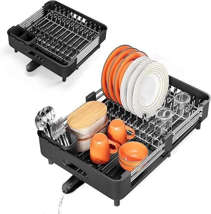 Urackify Stainless Steel Dish Drying Rack - Dish Drainer for Kitchen Counter, Extendable Drainboard with Foldable, Space-Saving Cup & Bowl Organizer, Includes Knife and Utensil Holder, Black - Image 9